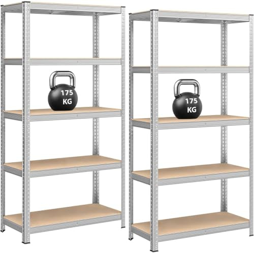 Garage Shelving Units,5 Tier Shelving Unit Garage Shelves Storage Shelf Heavy Duty Shed Storage Racking Shelf Metal Boltless for Warehouse Workshop Office (Silver, 2pack-90X40X180)