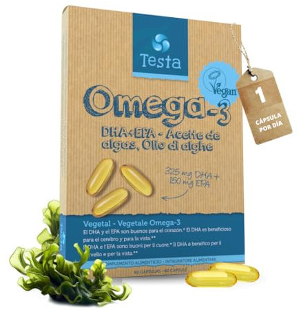 Testa Omega 3 Capsule di olio d'alga vegano - 300 mg di DHA+150 mg di EPA ad alto dosaggio per capsula - 1 dose giornaliera - Omega 3 vegetale alternativo all'olio di pesce - 60 capsule