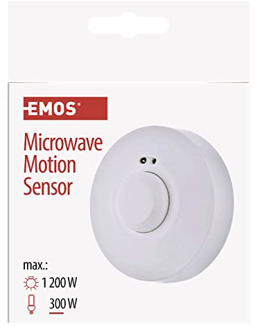 EMOS Mikrowellen-Bewegungsmelder Aufputz für Innen, Arbeitsfeld 360°, 8m Reichweite, Empfindlichkeit 3-2000 Lux, einstellbare Leuchtdauer, Installationshöhe 1,5-3 m