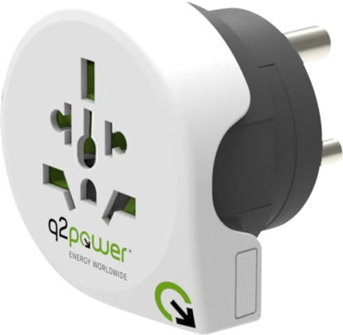 Q2 Power | World to India | Adattatore Universale da Viaggio con Presa a Terra | Protezione Anti Scossa KID Safe | Voltaggio 100V - 250V | Potenza Max. 100 V-500 W/250 V-1250 W