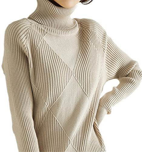 YTR6RTW Suéter de cachemira de las mujeres suéter de cuello alto de color puro jersey de cuello alto suéter suelto de lana pura, marrón claro, S
