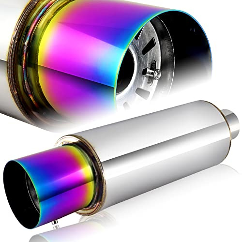 Q1-TECH, Universal 4 Rainbow Burnt Tip JDM N1 Style Muffler Hi Flow Stainless Steel Weld-On 2.5 Inlet, Muffler, Removable Silencer Pre-attached, Deep and Smooth tone