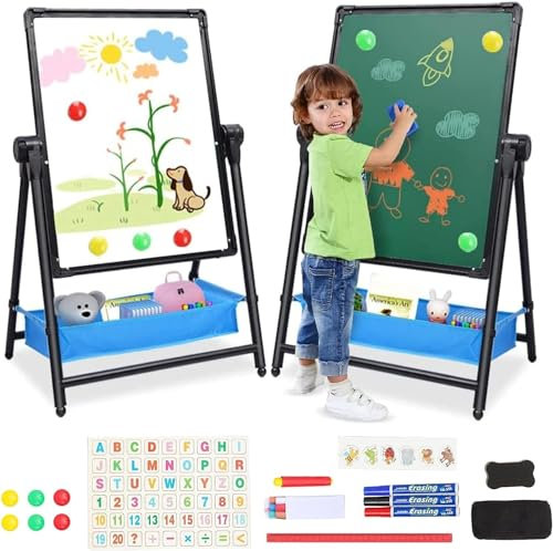 Kids Art Easel Double Sided Iron Easel Whiteboard Chalkboard 26inch-43inch Height Adjustable 360° Rotating Easel Standing Drawing Board with Bonus Letters and Numbers(Black)