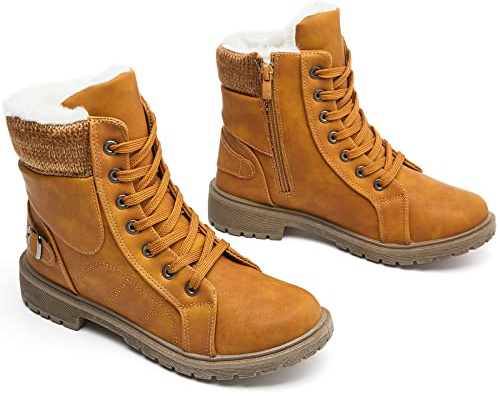 XRH Women Lace Up Combat Boot Winter Snow Boots Warm Fur Lined Ankle Booties Waterproof Hiking Boot for Women Non Slip Leather Boot Shoes(Camel.US8)