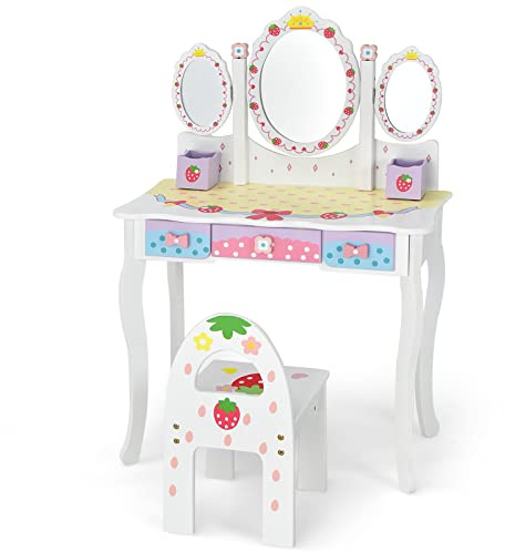 COSTWAY Coiffeuse pour Enfants de 3+ Ans, Ensemble Coiffeuse et Chaise avec Miroir Pliable à Trois Volets, 3 Tiroirs et 2 Boîte de Rangement, 70 x 34 x 105 cm, Rose…
