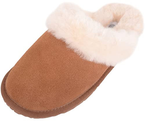SNUGRUGS Elsie, ciabatta da donna in pelle di pecora aperta con polsino, castano, 40 EU