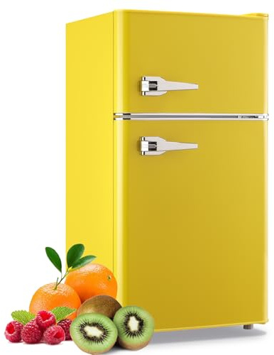 WANAI Compact Mini Refrigerator 3.5 Cu.Ft Small Refrigerator with Freezer, Retro Mini Fridge with Dual Door,7 Adjustable Thermostat, Adjustable Shelves For Dorm, Office Bedroom, Yellow