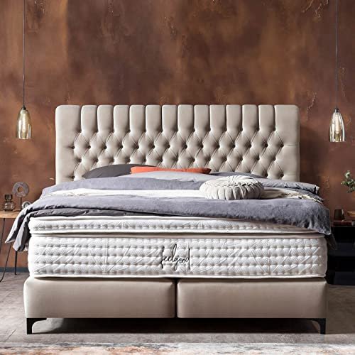 Premium Boxspringbett Chester 180x200 Velours, mit Visco-Topper, Hotelbett, ohne Bettkasten, 7 Zonen Taschenfederkern-Matratze, Aufbau KOSTENLOS (Creme, 180x200 cm mit Topper)