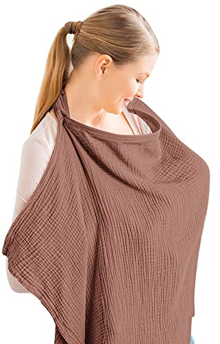 Konssy Muslin amningsöverdrag för baby amning, andningsbart 100% bomull amningsöverdrag med styv ring för mamma amningsförkläde, multianvändning bilsäte, baldakin (kastanj)