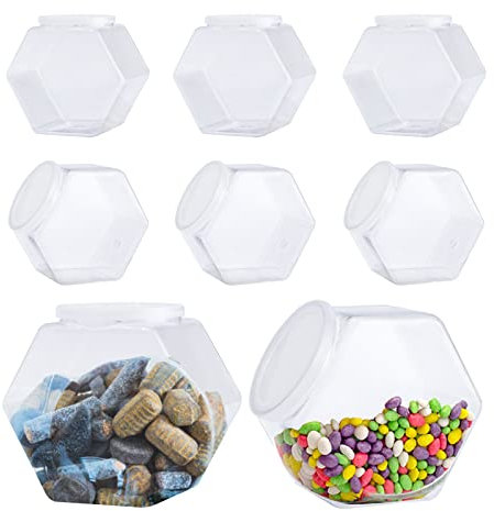 CAGSIG Confezione da 8 barattoli per caramelle con coperchio, in plastica, esagonali, per biscotti, snack, caramelle, biscotti, cialde di caffè, cialde (850,5 g)