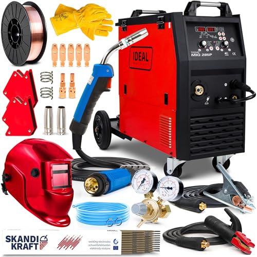 Ideal Tecno MIG 285 - Soldador de Hilo Sin Gas y con Gas 400V - Sinergia, Alimentación de Hilo de 4 Rodillos, Inductancia - Soldadura: MIG/MAG, MMA y Soldadura por Puntos - Set Premium