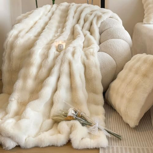 Manta mullida de conejo de peluche, de pelo sintético, cálida, para sofá, cama, sofá (blanco, 130 x 160 cm)