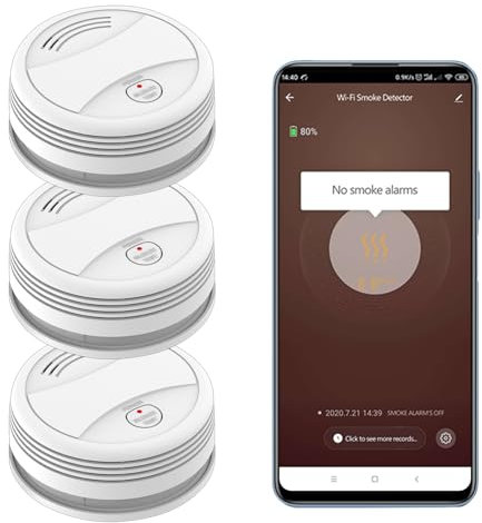 XNY Wi-FI Détecteur de Fumée avec Batterie Remplaçable, Détecteur d'Incendie Intelligent, Compatible avec Tuya et Smart Life APP, Certifié EN14604, 3 Pièces