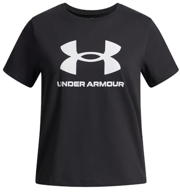 Under Armour Mädchen Big Logo Kurzarmshirt, superweiches Sportshirt aus Baumwollmischung, schnelltrocknendes T-Shirt mit geripptem Kragen,Black / / White,YLG