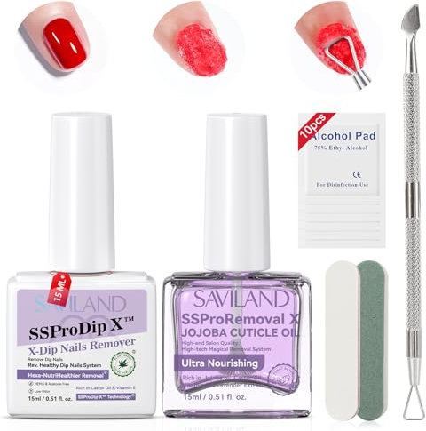 SAVILAND 3-In-1 Plant Based Dip Powder Remover Kit Fast-Acting Gel & Acrylic Nail Remover with Nourishing Castor Oil & VE No Residue, Includes Cuticle Oil & Scraper