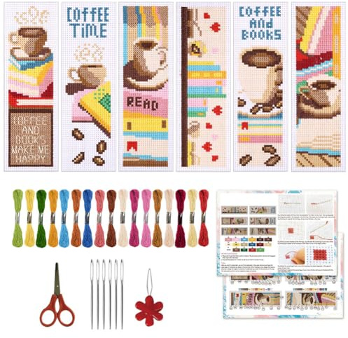 ORIGACH Kit de 6 marque-pages au point de croix thème des Café et livres | avec instructions pour débutants - Kit de bricolage imprimé au point de croix pour les amateurs de