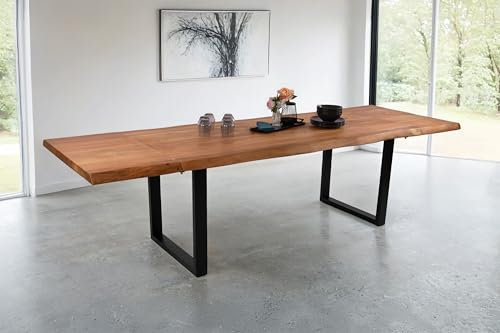 SAM Esstisch Cali mit Ansteckplatten | 160 x 90 cm (erweiterbar auf 260 x 90 cm) | Akazie massiv & naturfarben | echte Baumkante | U-Gestell Metall schwarz | Baumkantentisch/Esszimmertisch