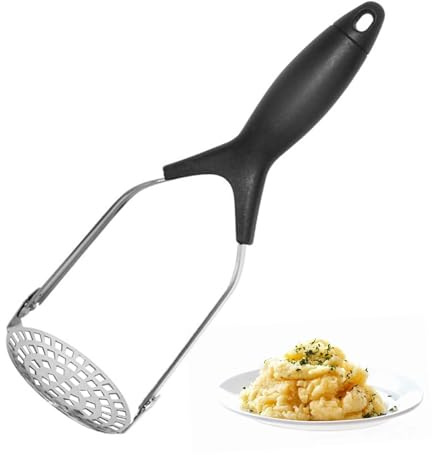 Machacador de patatas de acero inoxidable, plegable para ahorrar espacio, apto para lavavajillas, puré de patatas, verduras, frutas (color plateado)