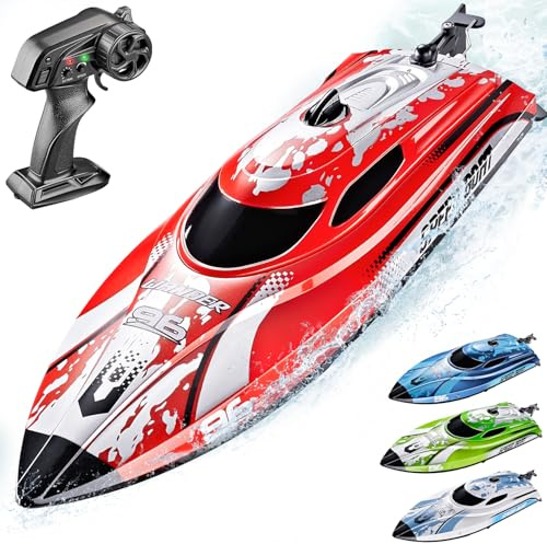BEZGAR RC Boats - Remote Control Boat for Kids and Adults, 2.4GHz LED Light Boats with 700mAh Rechargeable Battery, Fast Racing RC Boat for Lakes & Pools, Toy for Birthday - TX126 Red