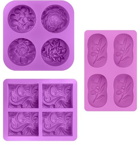 Dewocke 3 Stück Seifenformen Silikon, 4 Hohlraum Seifen Silikonform Set, Lila Silikonformen Gießformen Seifen, Wiederverwendbar Seifen Formen Blumen für Seife DIY Formen, Kuchen, Pudding, Schokolade
