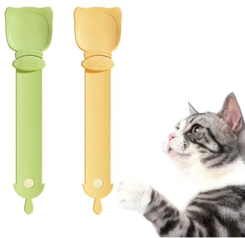 ShigKeu 2Pcs Cat Strip Happy Spoons, Cat Strip Feeder, Cat Treat Squeeze Spoon Dispenser for Squeezing Puree And Liquid Snack(Green Orange)
