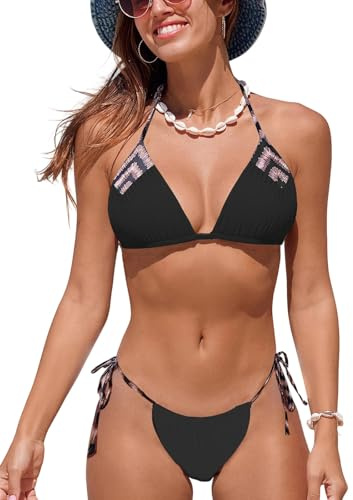 NLAND Bikini Mujer Conjunto de Bikini Brasileñas Ajustable Mujer Trajes de Baño Dos Piezas de Lazo Lateral Triángulo Tanga,Negro S