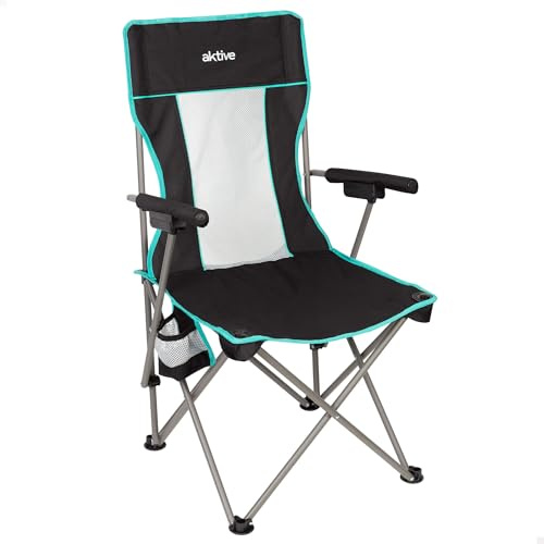 AKTIVE Silla Plegable Camping 48x48x102 cm Deluxe, Respaldo de Rejilla, Transpirable, Estructura de Acero Resistente, Posavasos Integrado, Bolsa de Transporte incluida, Camping y Exteriores (63126)