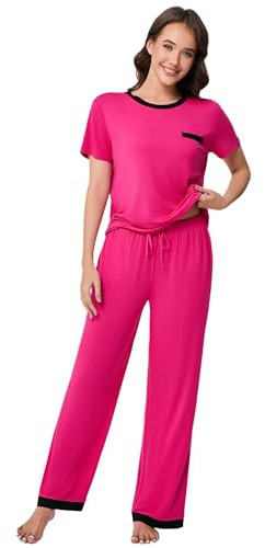 Soft Connection® Women’s Soft Viscose Blend Pyjama Set – Short Sleeve Top & Long Trousers with Pockets, Lightweight Stretchy Loungewear (UK, Alpha, L, Regular, Regular, Ross Red)