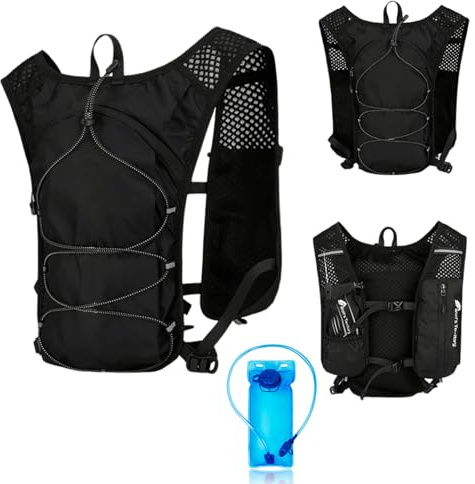 Gilet Running Uomo Donna con Borraccia 2L, Ultraleggero (170g) & Traspirante, Riflettente, Regolabile per Corsa, Trail, Escursionismo (Nero)