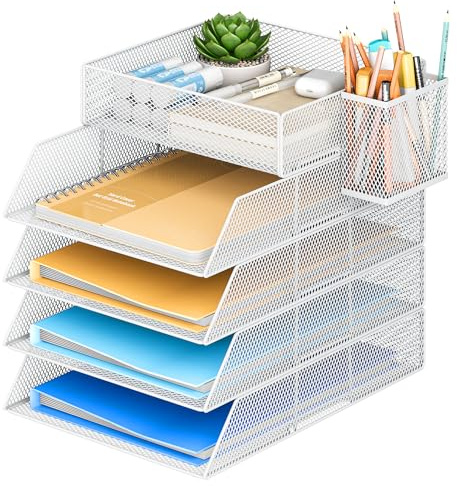 VITVITI 4 Tier Stackable Letter Tray for Office Tidy with 1 Flat Compartment, 1 Pen Holder, Desk Paper Organiser File Trays for Office Desk Accessories (White)