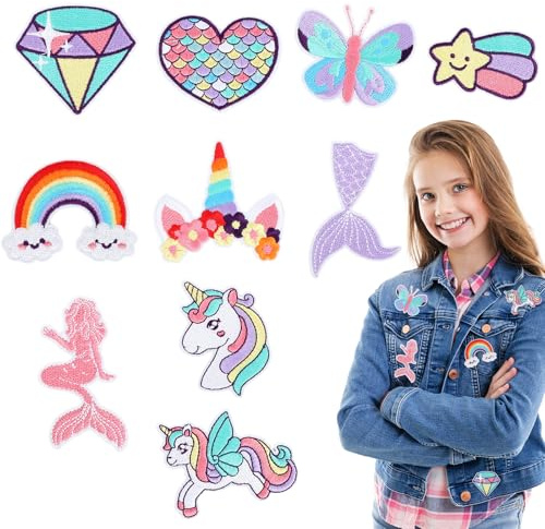 10 Stück Bügelbilder Für Textilien, Patches Zum Aufbügeln Bügelflicken, Kinder Flicken zum Aufbügeln Patches, Aufbügel Aufbügelbilder, Meerjungfrau Einhorn Aufnäher Für DIY T-Shirt Jean Taschen Mützen