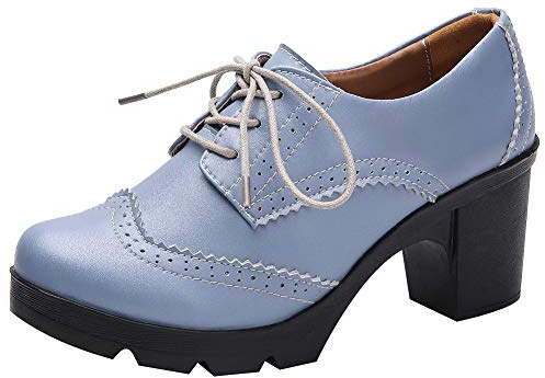 Jamron kvinnors blockklack snörning brogues derby skor pumps finskor, BLÅ, 37 EU
