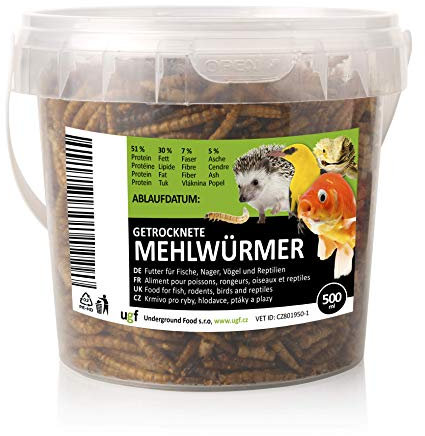 UGF - Premium Mehlwürmer getrocknet 500 Milliliter ≈ 80g Eimer, Insekten Snacks für Vögel, Hamster, Igel, Nager, Eidechsen, Schildkröten – ohne Konservierungsmittel und Farbstoff