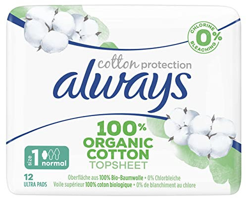 Always Cotton Protection Damenbinden, Größe 1, Normal, 120 Damenbinden mit Flügeln, leichter Fluss, Eco-Format, 100% Bio-Baumwolle, parfümfrei