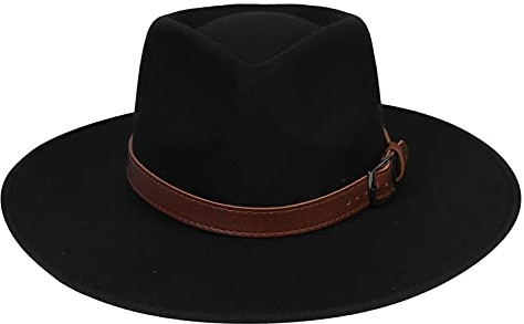 JK Home Wide Brim Fedora Hat - Wool Felt Panama Cap - One Size Unisex Women Men - Brown Leather Buckle Band