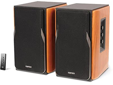 EDIFIER Studio R1380T 2.0 Regallautsprecher-System (42 Watt) im Echtholzgehäuse (MDF). Zwei LINE IN Anschlüsse. Infrarot-Fernbedienung und seitliche Bedienelemente für Bässe, Höhen und Lautstärke.
