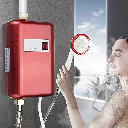 Mini Electric Water Heater, 3400W tankless Instant Water Heater, with LCD Display, Sink, Automatic Power-Off Shower and hot Water System, Used in Domestic Kitchen and Bathroom (red)