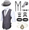 Blulu 1920er Herren Zubehör Gatsby Gangster Kleidung Kostüm Halloween Cosplay Outfit mit Weste Fedora Hut Taschenuhr Hosenträger Fliege für Mann Halloween Cosplay (L, Grau)
