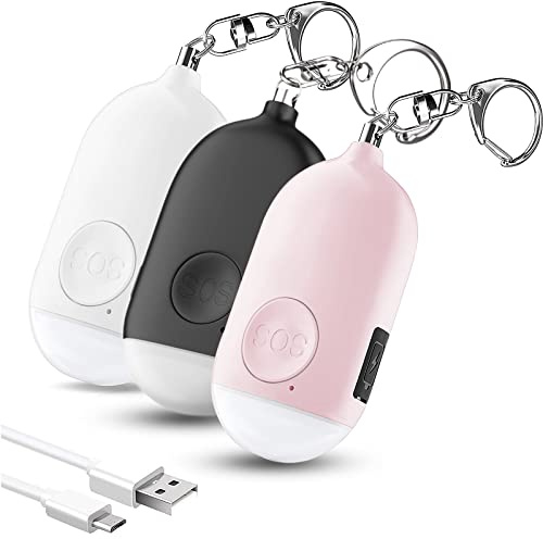 Hion Personal Safety Alarm for Women, 3 Pack Rechargeable 130dB Self Defense Keychain with LED Flashlight, Emergency Safe Sound Security Alarm for Children Elderly, White+Pink+Black