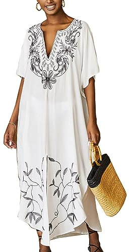 YouKD Broderad kaftan, klänning, bohemisk överdragsklänning för bikini, rock, stora storlekar, loungekläder för kvinnor, M vit, en storlek