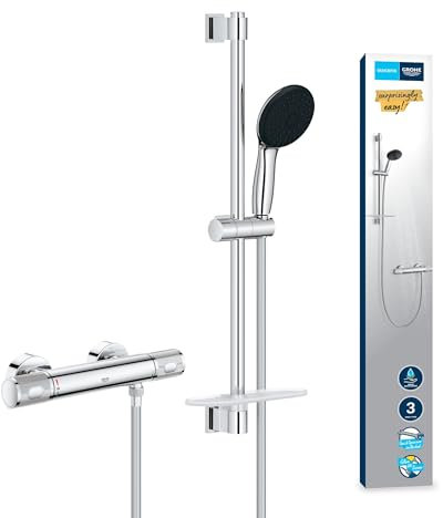 GROHE Precision Feel, Duschset mit Thermostat wassersparend, 8l pro Min (Duscharmatur hält Temperatur konstant, Duschkopf 3 Strahlarten, 1,75m Schlauch, Duschstange 60cm, 3in1 Tool), chrom, 34791001