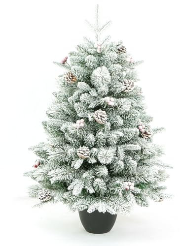 Tisch-Weihnachtsbaum | Kleiner Weihnachtsbaum, 6 Tannenzapfen, 6 Beeren, 155 Spitzen (künstliche Eisperlen & dünner Kunstschnee) | Flauschig und realistisch | Urlaubsstimmung | 3ft