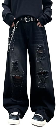 DFGIGT Hip Hop Baggy Jeans for Men with Hole Distressed Wide Leg Skater Jeans Loose Fit Denim Pants Streetwear Y2k 2000s Jinco Extra Oversized Skateboard Riped Hole,A10 Black,Small