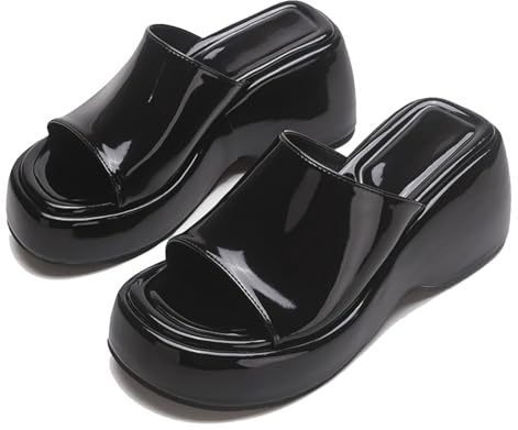 Sandales compensées à Plateforme pour Femmes,Pantoufles à Enfiler Confortables en Cuir Verni à la Mode,Sandales Plage décontractées d'été avec Soutien de la voûte Plantaire,Noir,40 EU