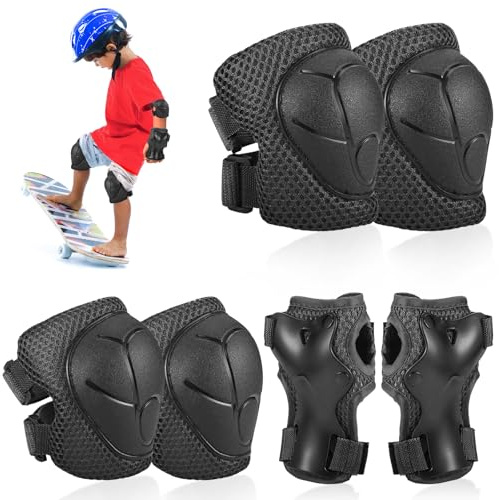 Hejo 6 Pcs Kids knee Pads Elbow Pads, Breathable Guards Protective Gear Set from PE for Children Youth ,With Wrist Pads, for Skating, Scooter, Skateboard, Bike (Black)