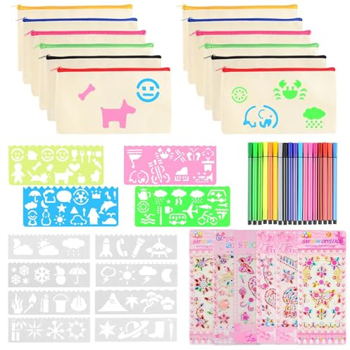 DASHUAIGE Pack of 12 DIY Fabric Pencil Case for Painting, Multicoloured Blank Fabric Bag with 18 Coloured Pens, 6 Self-Adhesive Glitter Stones and 12 Colouring Templates for School, Gift, Celebration,