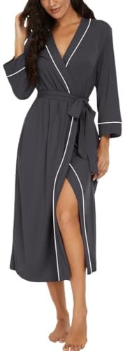 PrinStory Bademäntel Damen Leichter Kimono Roben 3/4 Ärmeln Damen Morgenmäntel Lange Nachtwäsche Lässig Loungewear Saunamantel (Dunkelgrau, L)