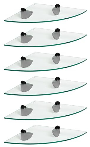 Harbour Housewares Floating Glass Bathroom Corner Shelves - 30cm - Clear/Black - 6x Wall-Mounted Kitchen Bedroom Shower Room Décor Caddy Towel Storage Organiser Shelving Rack with Brackets