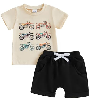 Bonangber Toddler Boy Summer Clothes Motorcycle Print Short Sleeve T-shirt Top Elastic Waist Shorts Set Cute Summer Outfit 2Pcs (A-Beige Black,2-3T)