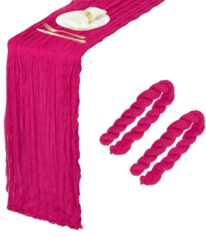 sourcing map Lot de 2 chemins de table en mousseline rose vif 3 m x 96,5 cm Chemin de table rustique en gaze pour décoration de table de fête, mariage, anniversaire